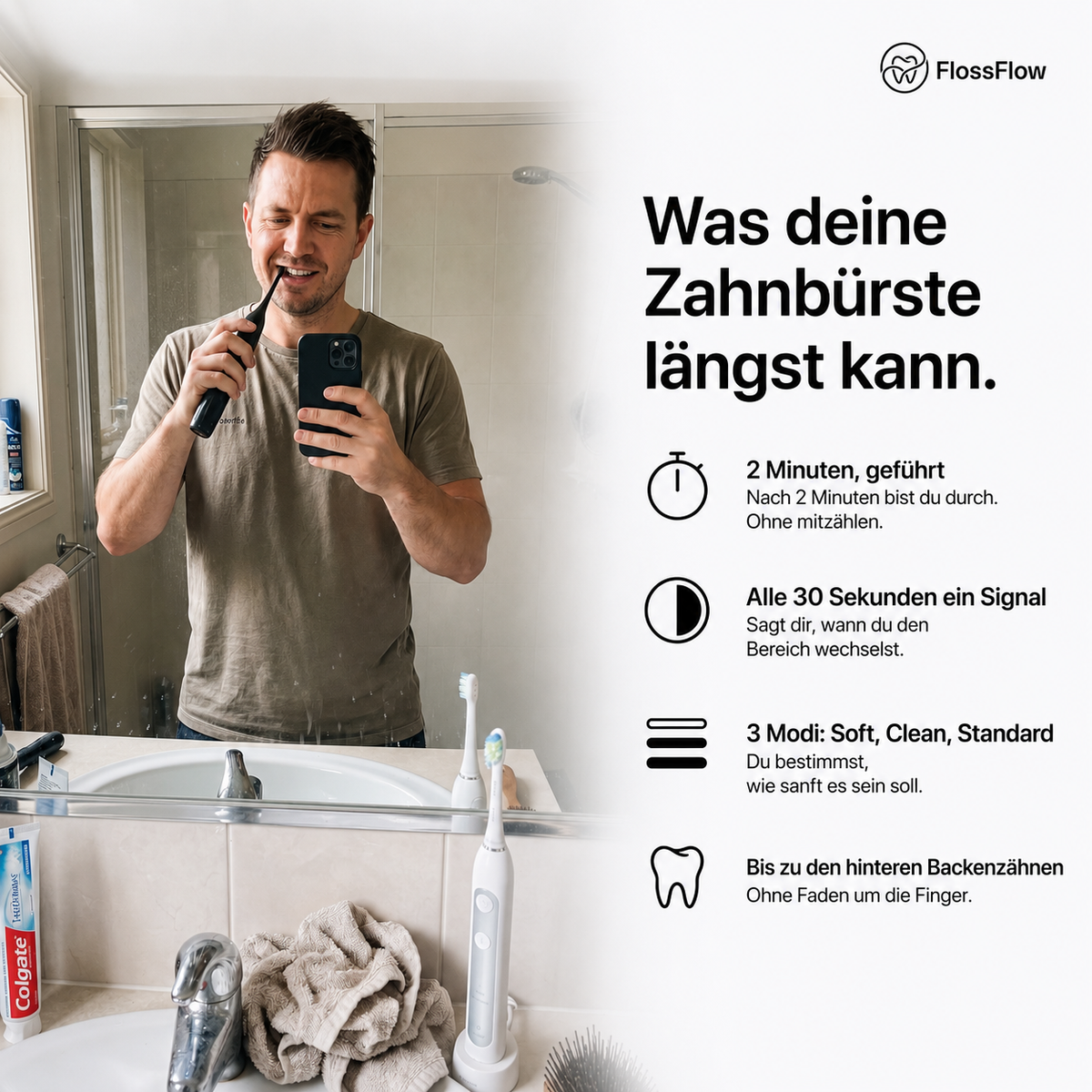 Mann nutzt FlossFlow im Badezimmer, daneben die vier Funktionen: 2-Minuten-Timer, Signal alle 30 Sekunden, drei Modi und Erreichbarkeit der hinteren Backenzähne