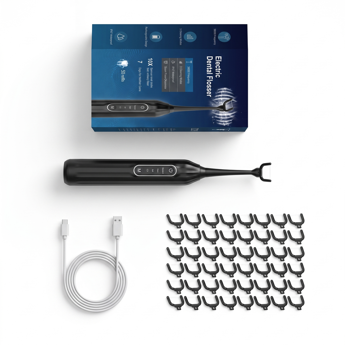 Lieferumfang FlossFlow: Handstück, USB-C-Ladekabel, 50 Floss-Aufsätze und Verpackung