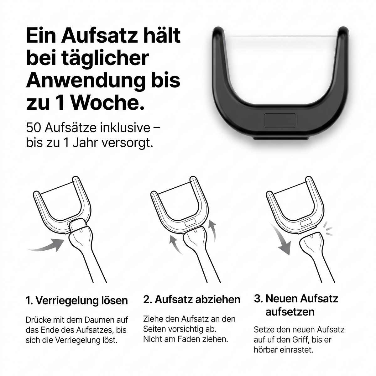 Ein Floss-Aufsatz hält bei täglicher Anwendung bis zu einer Woche, 50 Aufsätze reichen bis zu einem Jahr, dazu die Anleitung zum Kopfwechsel